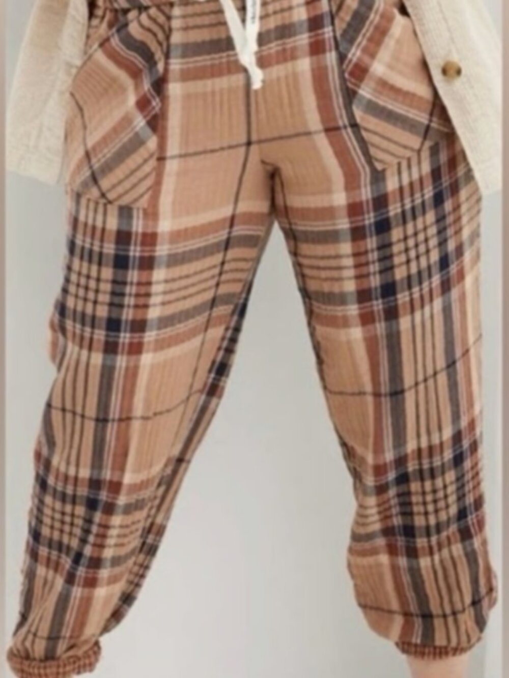 aerie Women's Size Small Soft Gauze Plaid Pajama Jogger Lounge Pants Brown/Tan